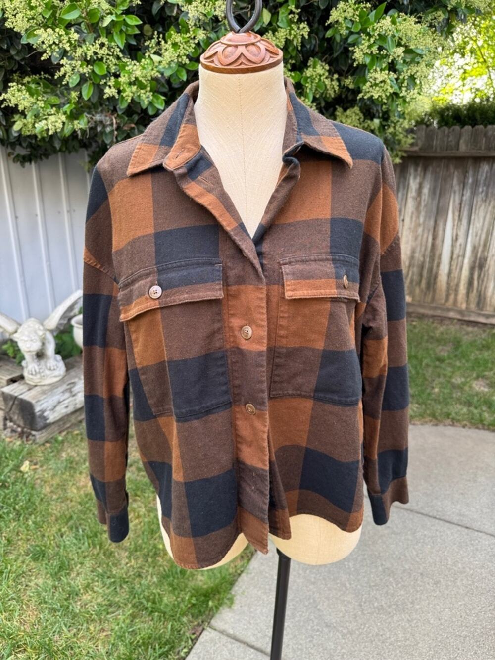 Banana Republic Factory Brown Black Plaid Cropped Flannel Shirt Women's Medium